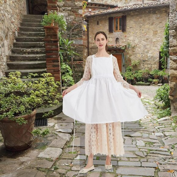 Vintage Adjustable Ruffle White Apron Maid Pioneer Costume Victorian Style Cotto - Picture 5 of 7